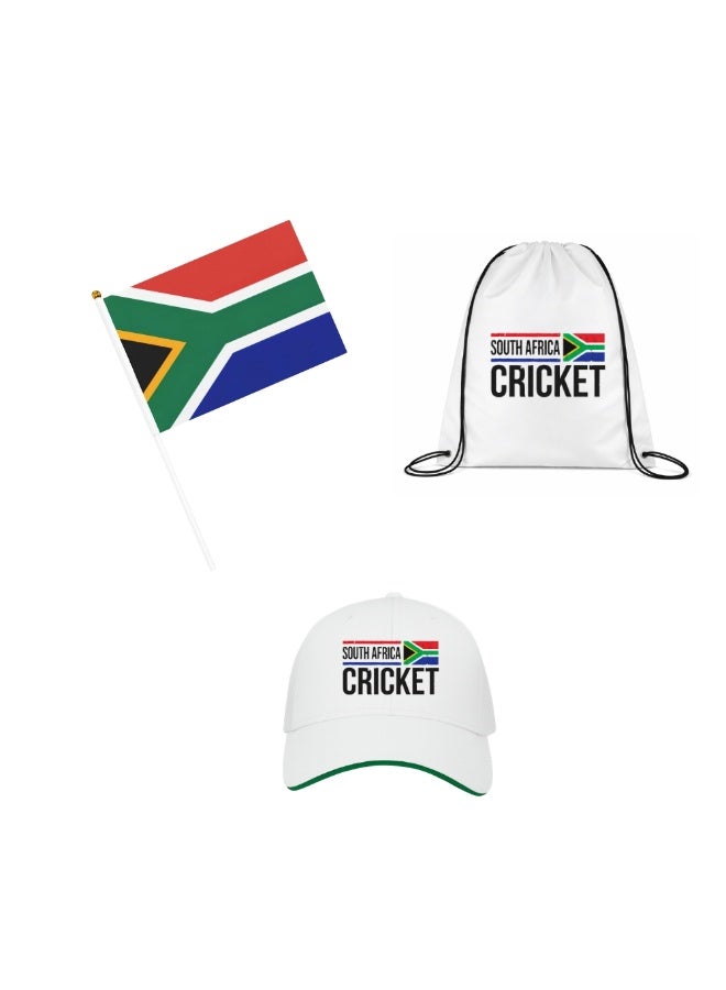 South Africa Sports Fans Combo Pack - Pack of 3 - Drawstring Bag, Hand Flag and Cap - South Africa Sports Enthusiasts Combo Pack - Ideal for Sports Matches and Events - Image 1